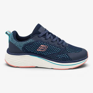 Deportivo confort Nuxual para mujer en azul marino con detalles verdes y coral, suela amortiguada y tejido textil.