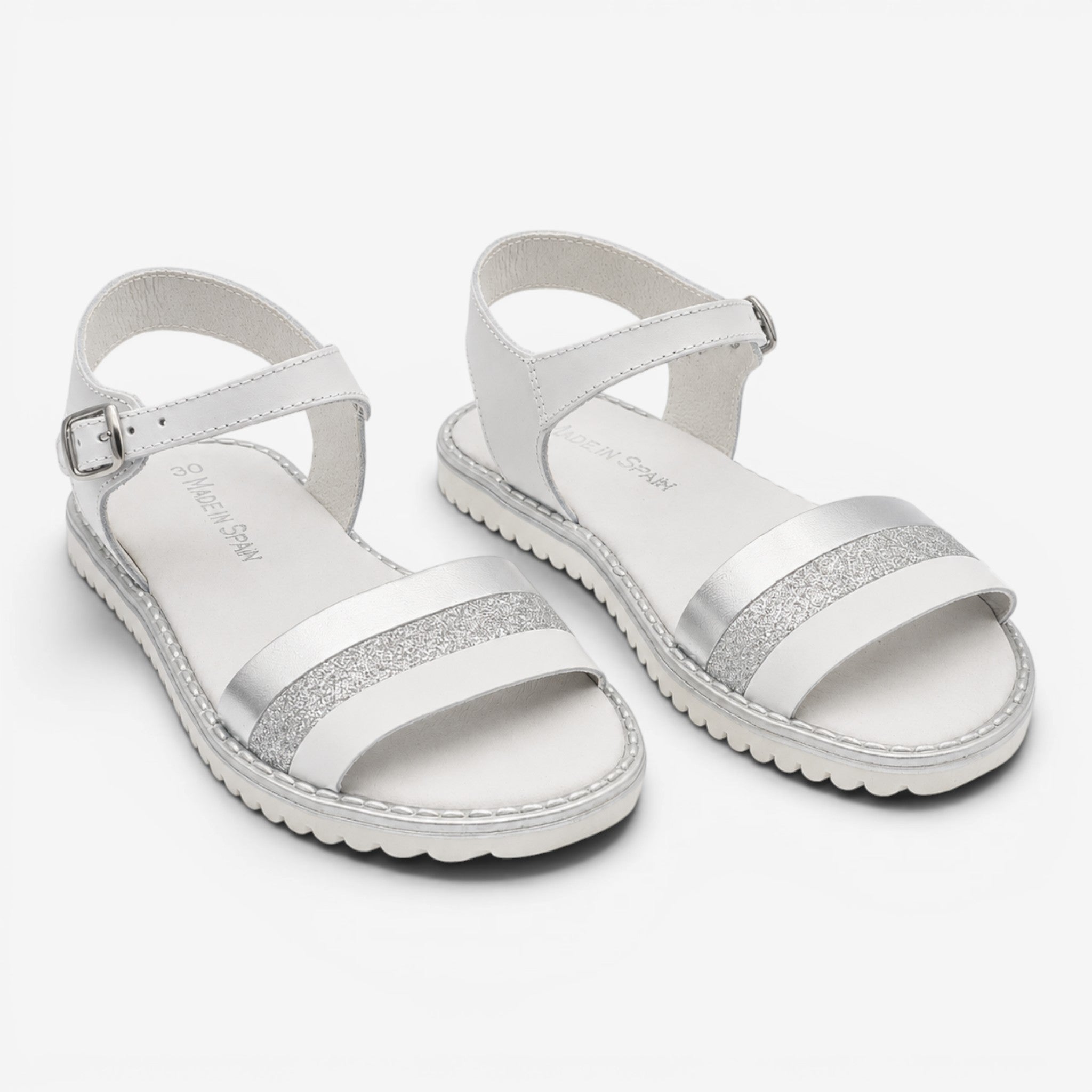 Sandalias de Niña Blanco y Plata de Piel