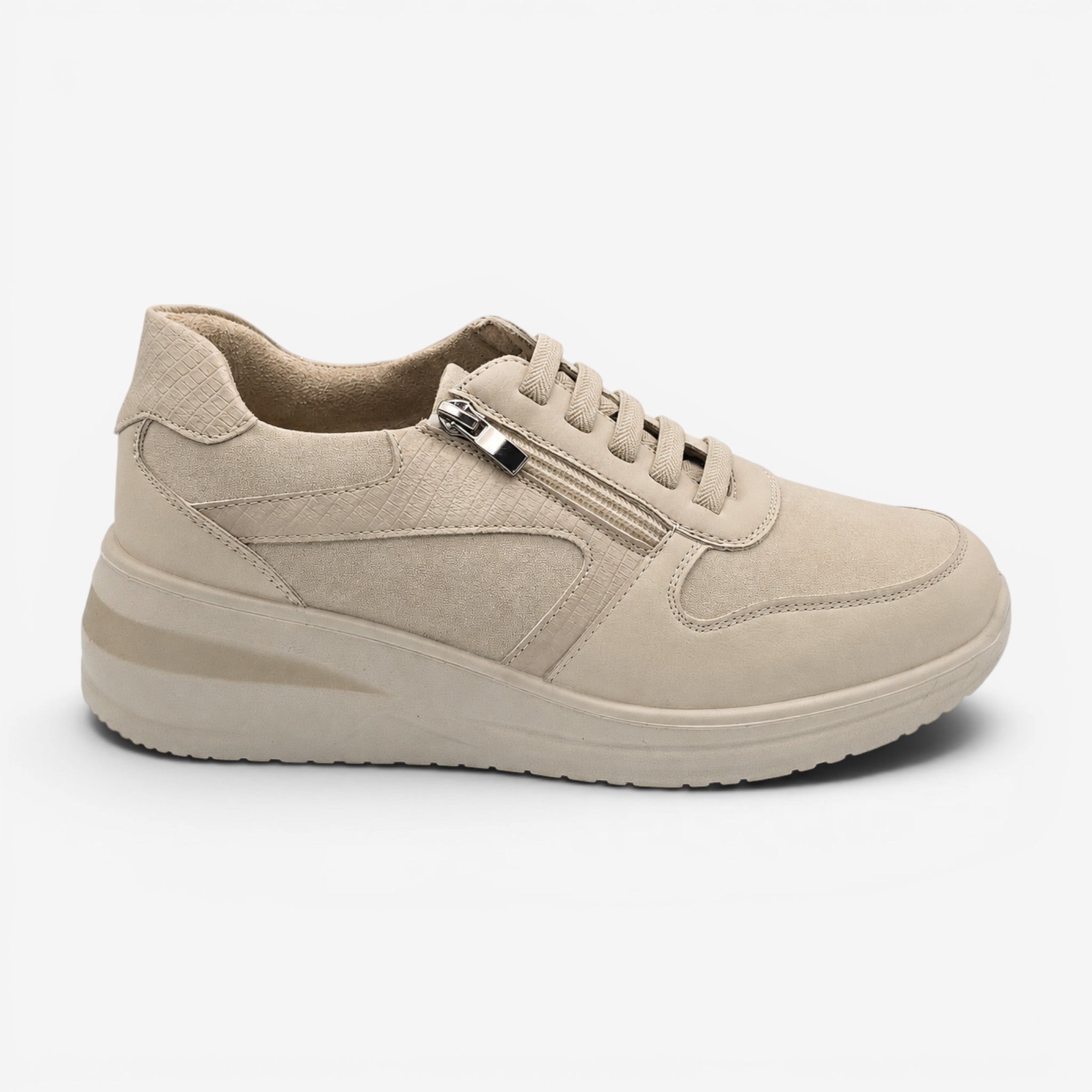 Zapatillas Confort Beige con Cremallera Lateral