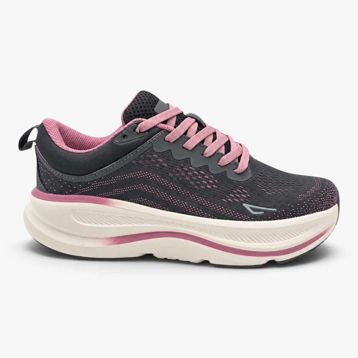 Deportivo Nuxual Demax para mujer en color gris con detalles rosas, tejido textil y suela con amortiguación.