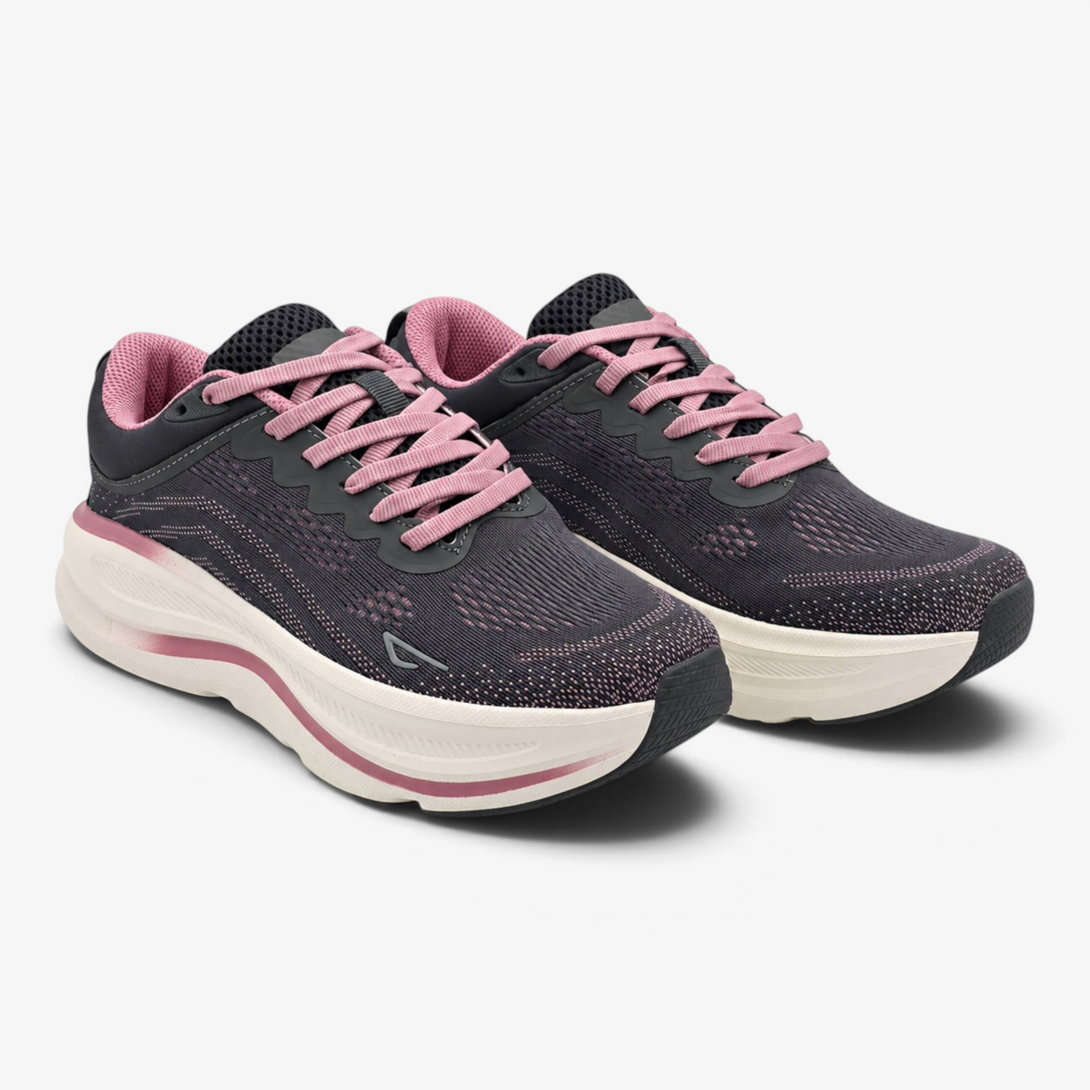 Zapatillas deportivas Nuxual Demax para mujer en color gris con cordones y detalles en rosa, suela amortiguada.