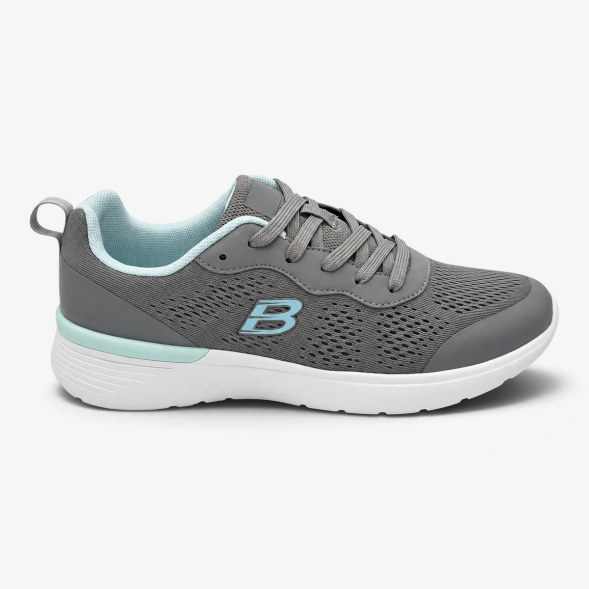 Zapatilla deportiva Nuxual Demax gris con detalles azul celeste, malla transpirable y plantilla Double Memory