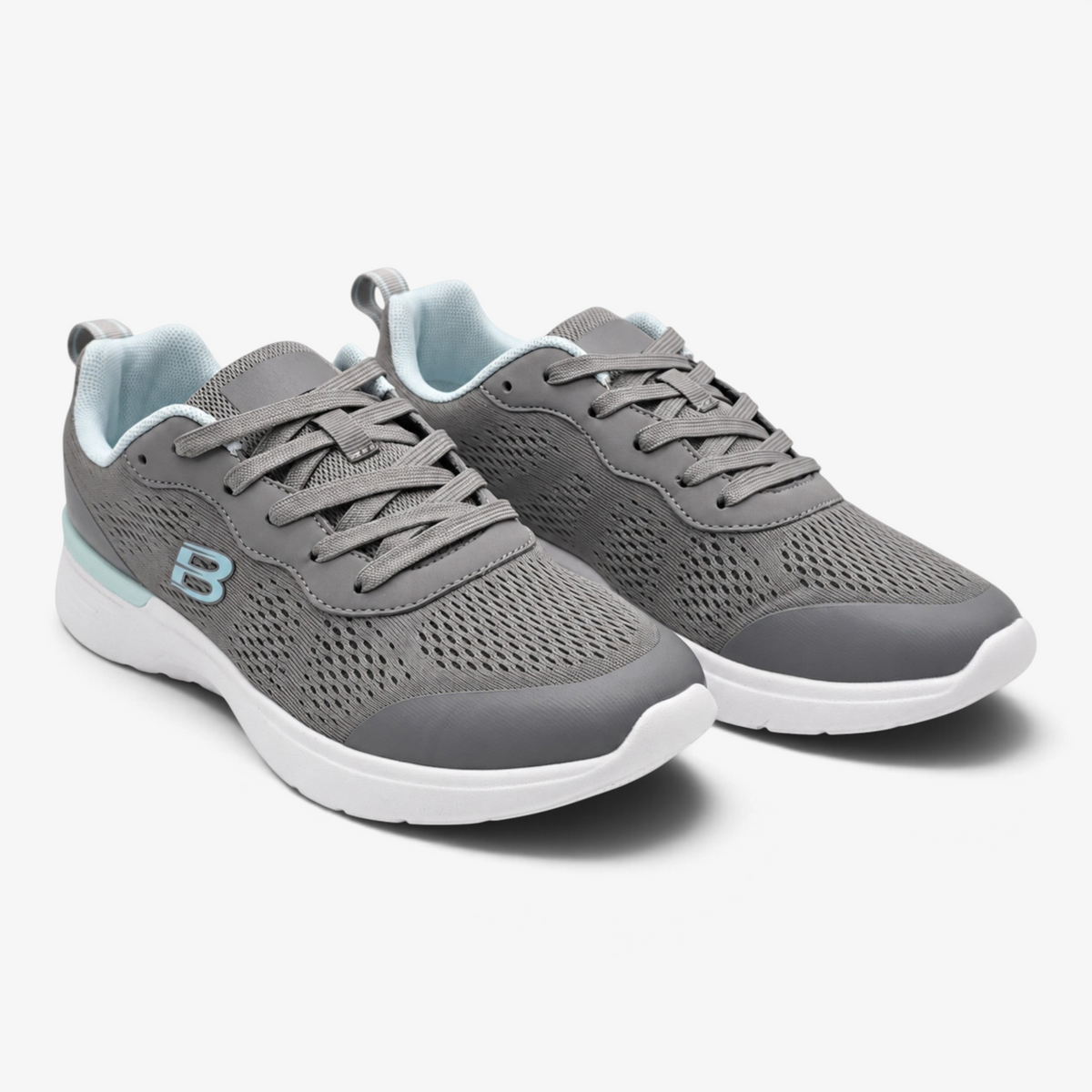 Zapatillas deportivas Nuxual Demax para mujer en color gris con detalles azul celeste y plantilla Double Memory