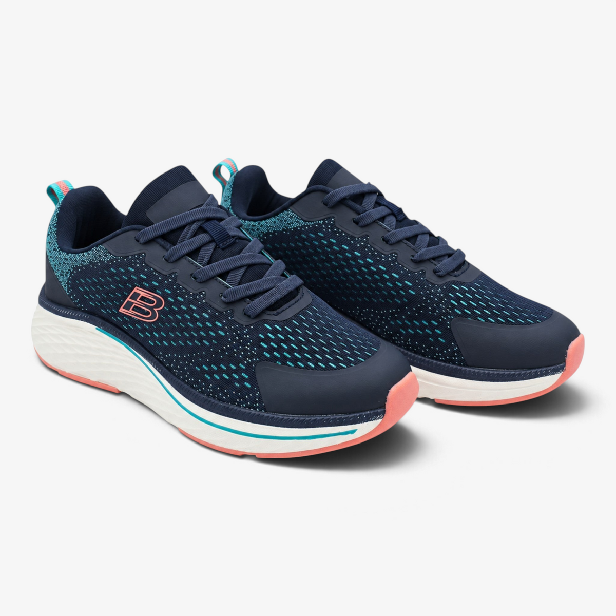 Zapatillas deportivas Nuxual de mujer en azul marino con detalles verdes y coral, suela amortiguada y cierre de cordones